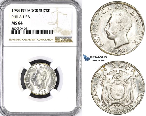 ZM397, Ecuador, Sucre 1934, Philadelphia, Silver, NGC MS64