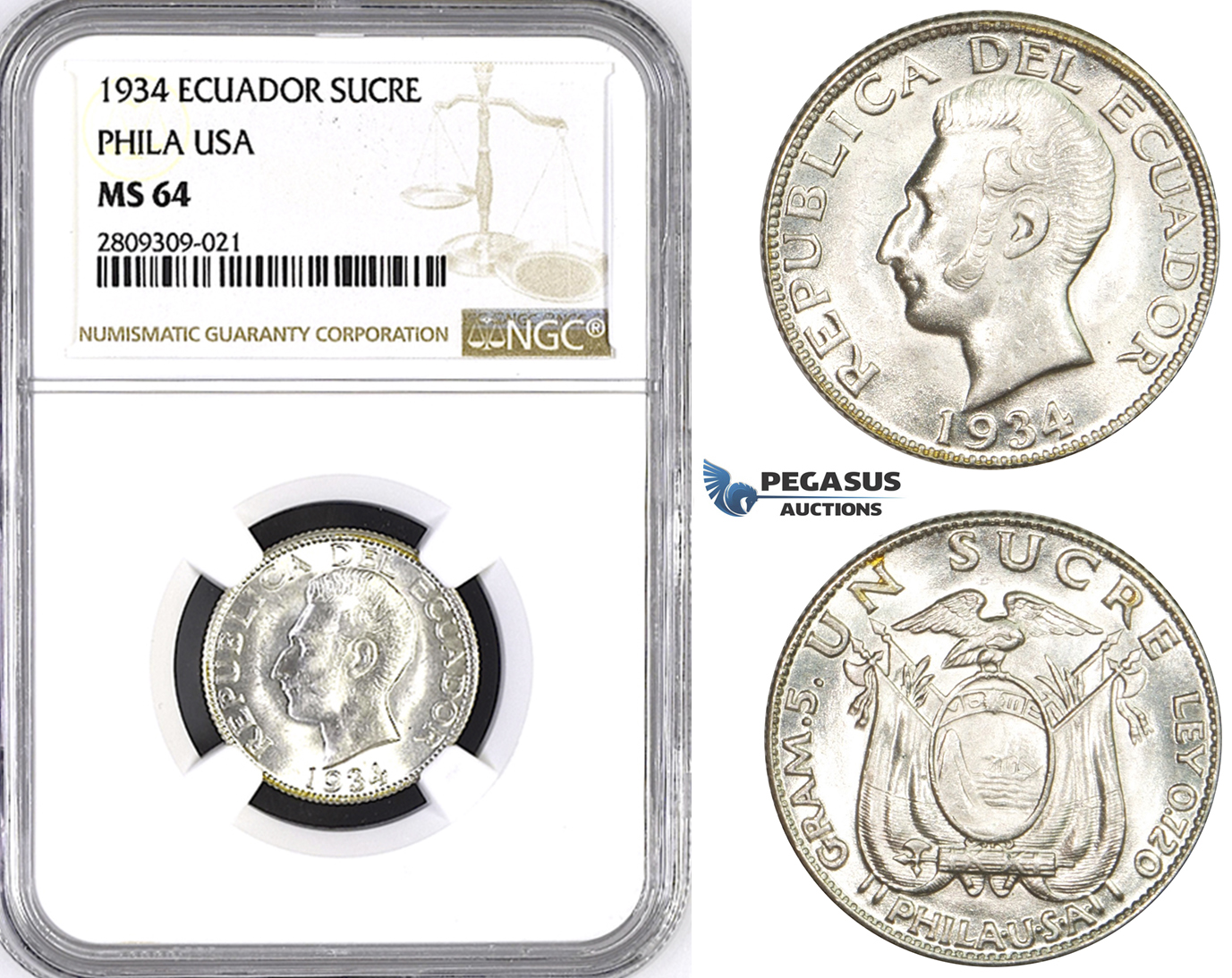 ZM397, Ecuador, Sucre 1934, Philadelphia, Silver, NGC MS64