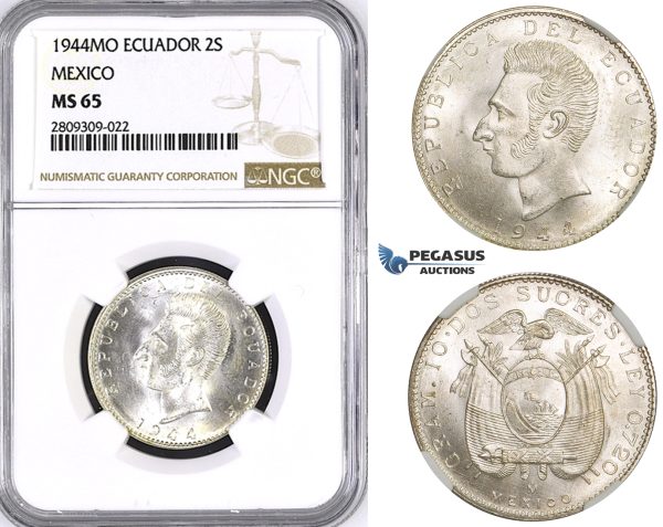 ZM398, Ecuador, 2 Sucres 1944, Mexico City, Silver, NGC MS65