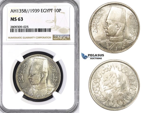 ZM401, Egypt, Farouk, 10 Piastres AH1358 (1939) Silver, NGC MS63