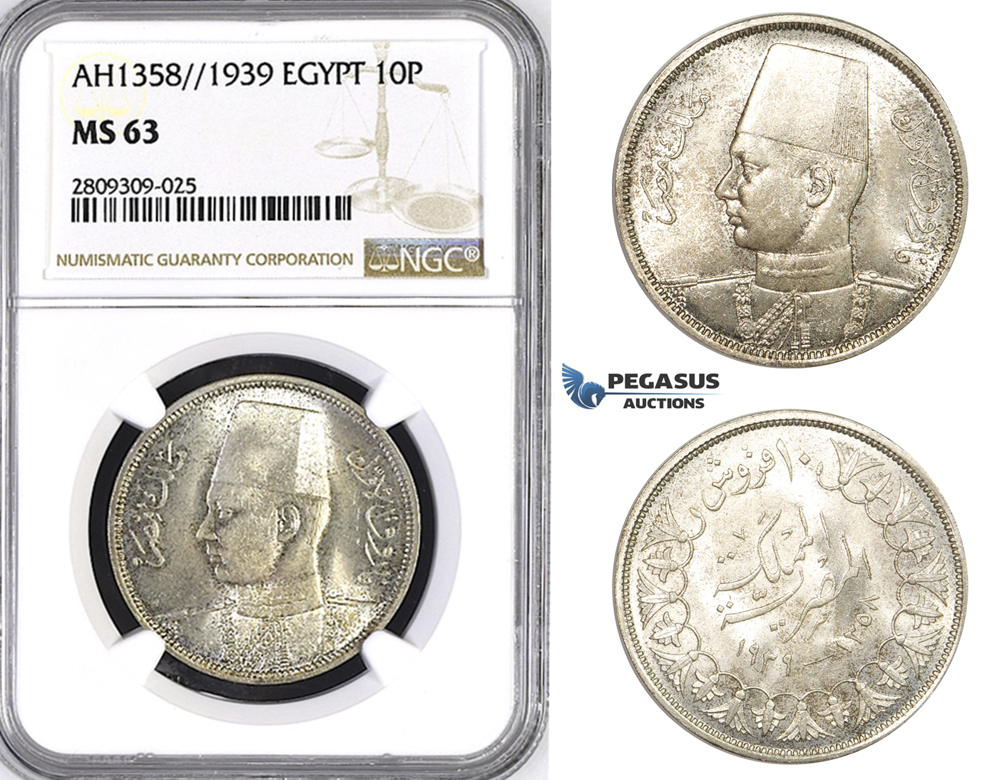 ZM401, Egypt, Farouk, 10 Piastres AH1358 (1939) Silver, NGC MS63