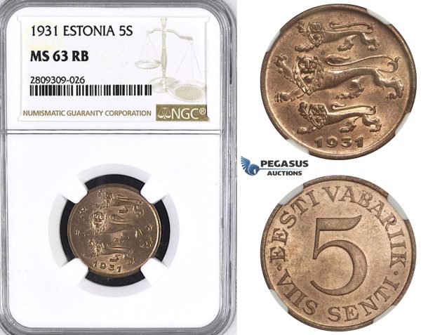 ZM402, Estonia, 5 Senti 1931, NGC MS63RB