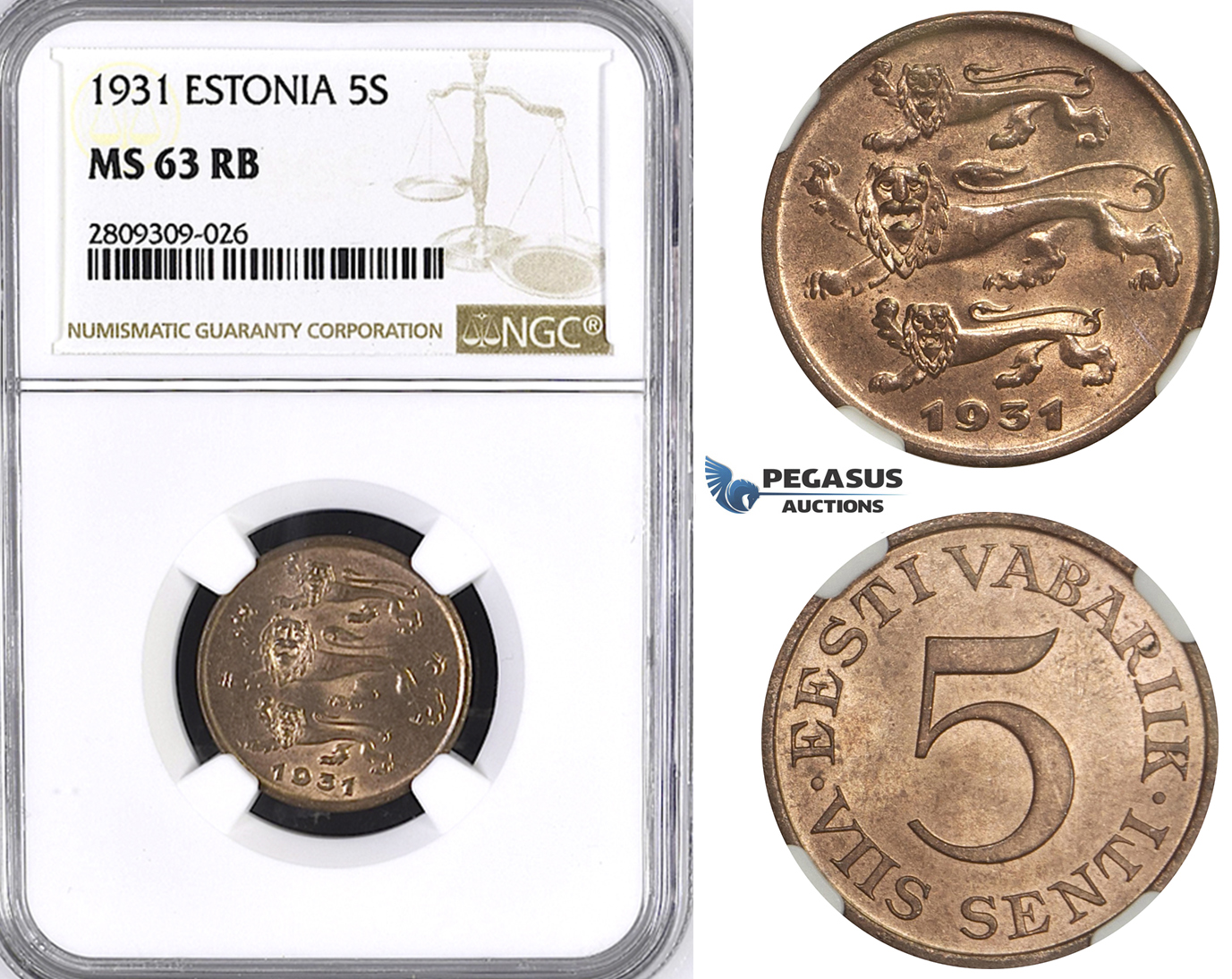 ZM402, Estonia, 5 Senti 1931, NGC MS63RB