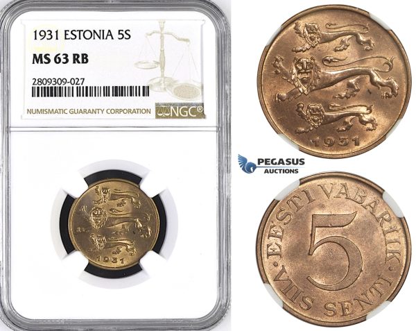 ZM403, Estonia, 5 Senti 1931, NGC MS63RB