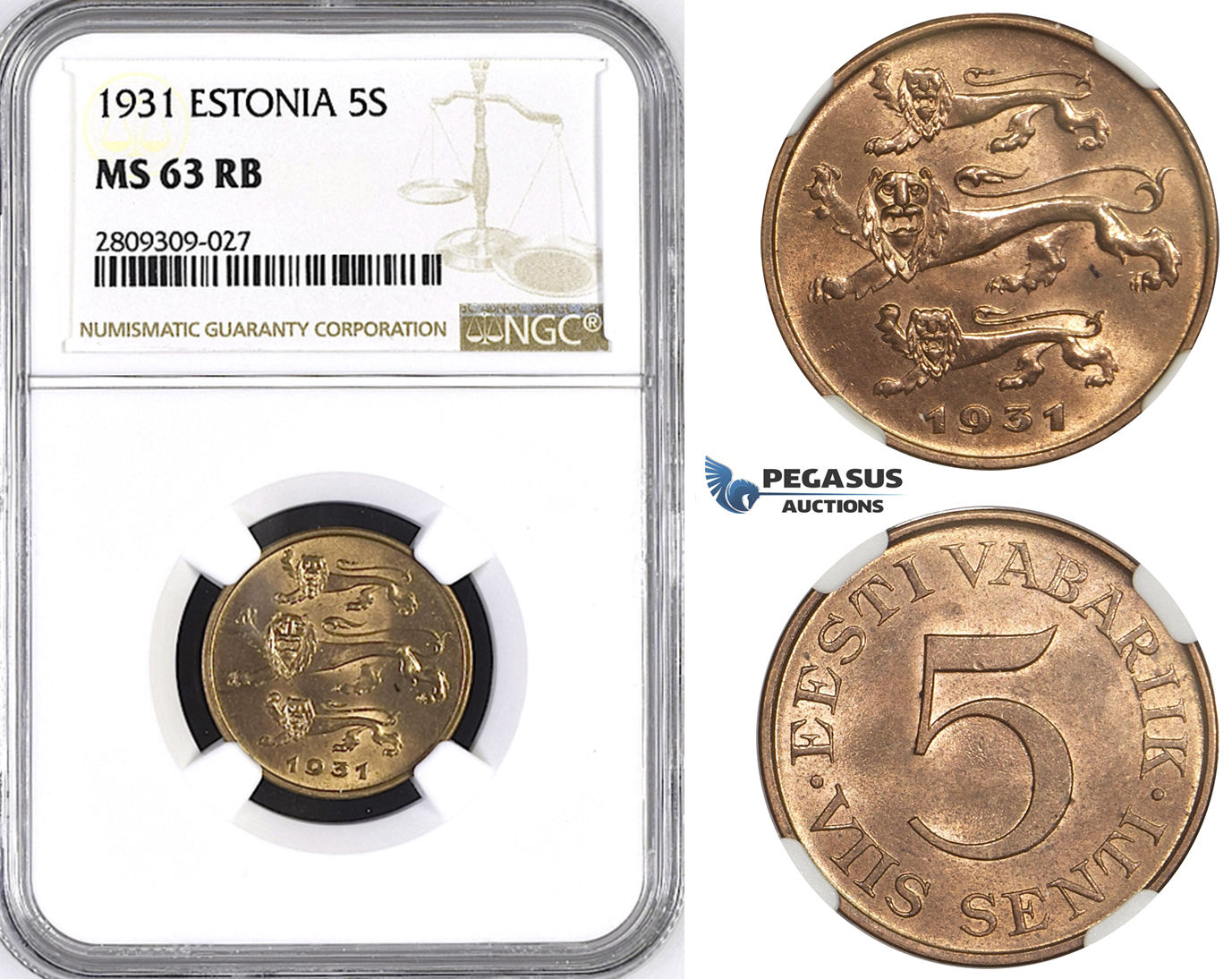ZM403, Estonia, 5 Senti 1931, NGC MS63RB
