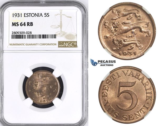 ZM404, Estonia, 5 Senti 1931, NGC MS64RB