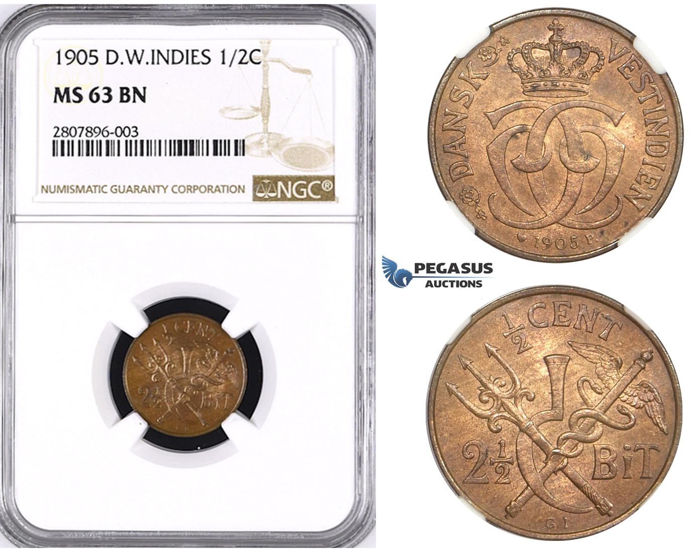 ZM41, Danish West Indies, Christian IX, 1/2 Cent (2 1/2 Bit) 1905, Copenhagen, NGC MS63BN