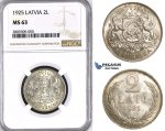 ZM422, Latvia, 2 Lati 1925, Silver, NGC MS63