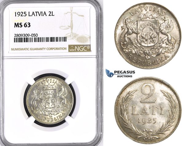 ZM422, Latvia, 2 Lati 1925, Silver, NGC MS63