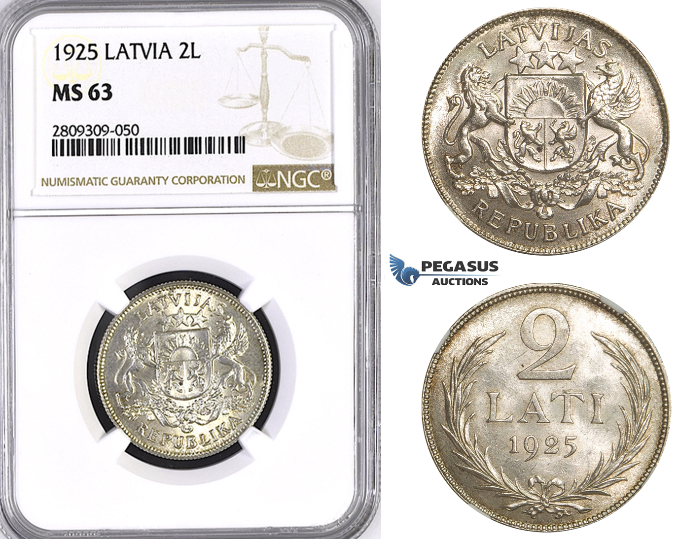 ZM422, Latvia, 2 Lati 1925, Silver, NGC MS63