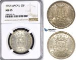 ZM424, Macau (Portuguese Colony) 5 Patacas 1952, Silver, NGC MS65