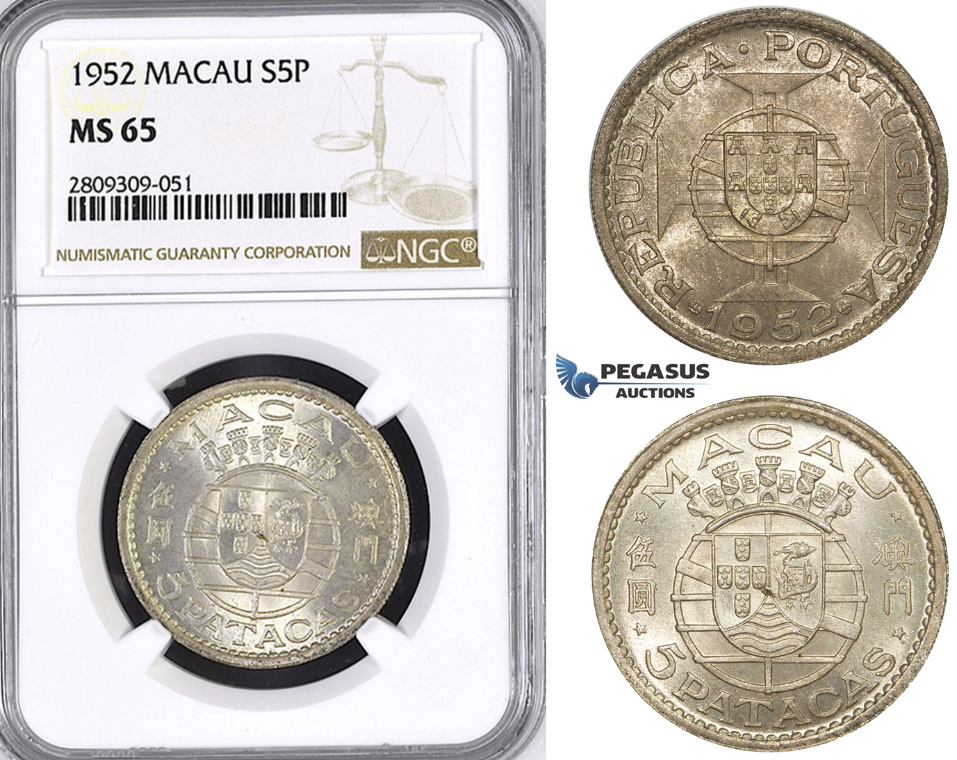 ZM424, Macau (Portuguese Colony) 5 Patacas 1952, Silver, NGC MS65
