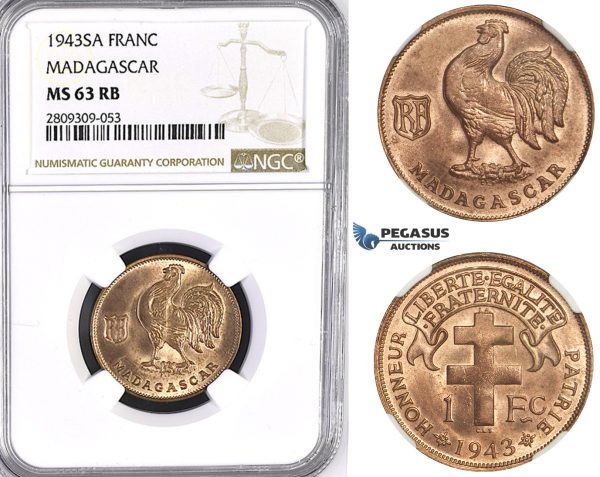 ZM425, Madagascar, 1 Franc 1943-SA, NGC MS63RB