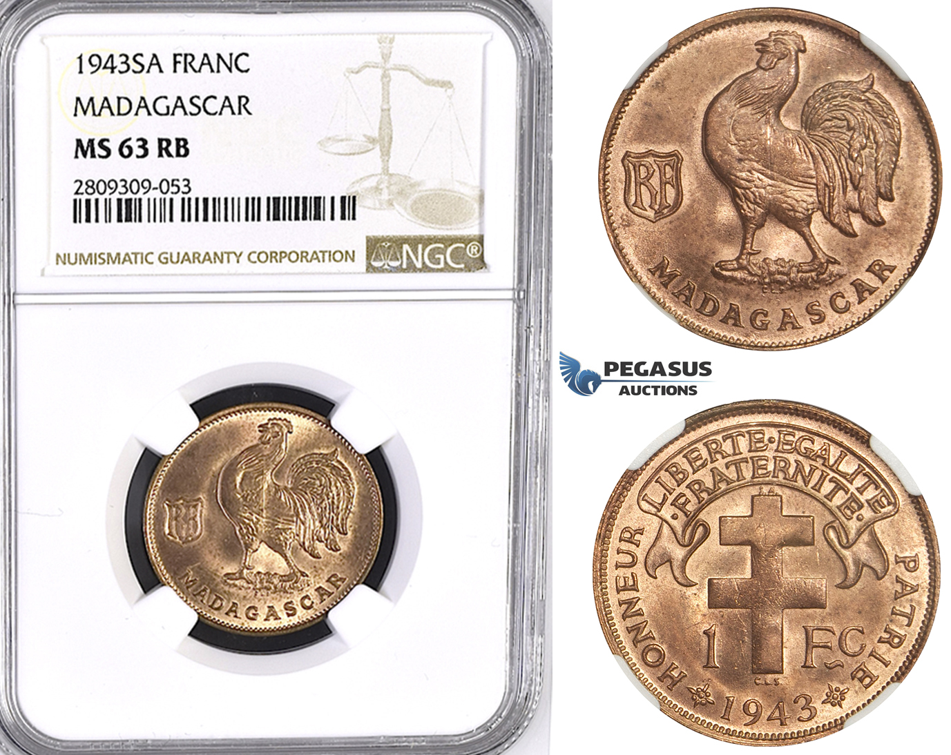 ZM425, Madagascar, 1 Franc 1943-SA, NGC MS63RB