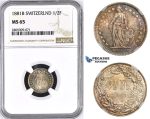 ZM440, Switzerland, 1/2 Franc 1881-B, Bern, Silver, NGC MS65, Rainbow toning