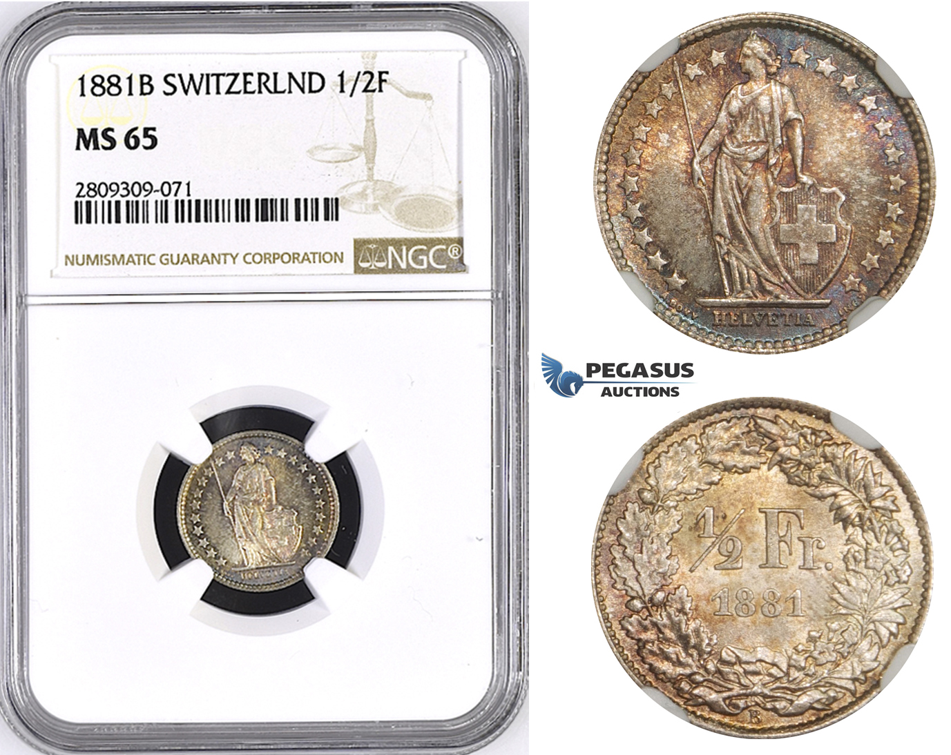 ZM440, Switzerland, 1/2 Franc 1881-B, Bern, Silver, NGC MS65, Rainbow toning