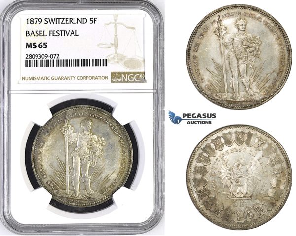 ZM441, Switzerland, Shooting 5 Francs 1879, Silver, NGC MS65 Basel Festival