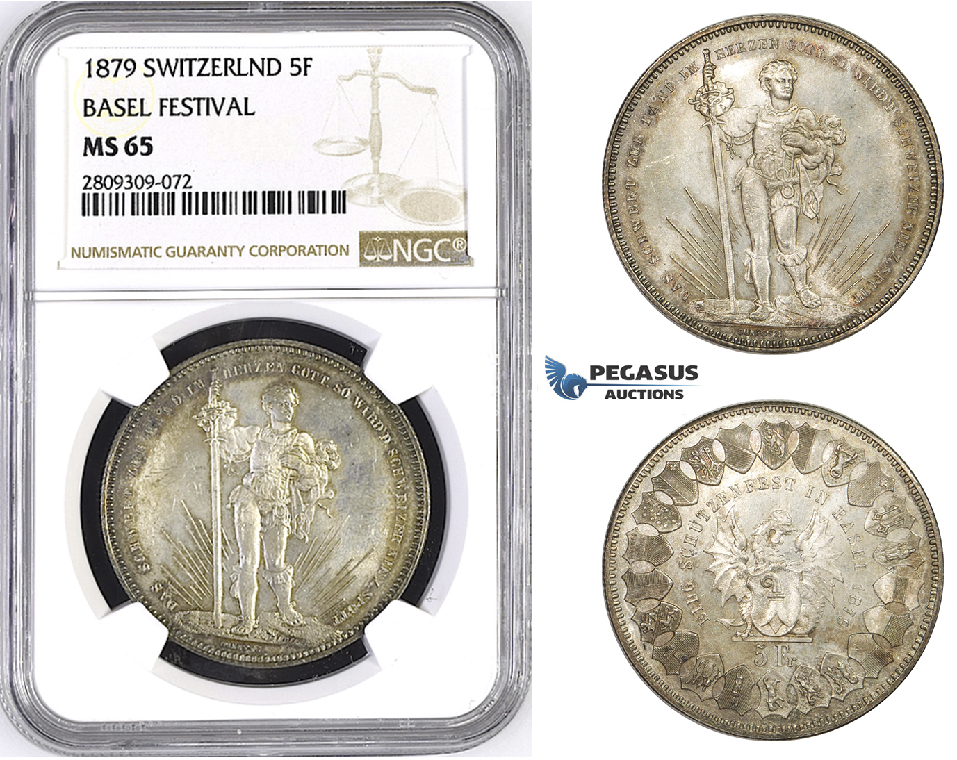 ZM441, Switzerland, Shooting 5 Francs 1879, Silver, NGC MS65 Basel Festival