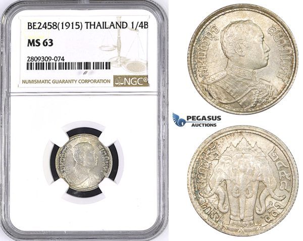 ZM443, Thailand, Rama VI, 1/4 Baht BE2458 (1915) Silver, NGC MS63