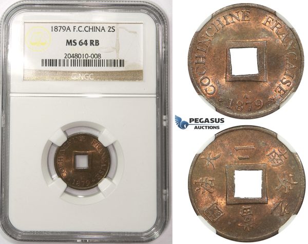 ZM48, French Cochine China, 2 Sapeque 1879-A, Paris, NGC MS64RB