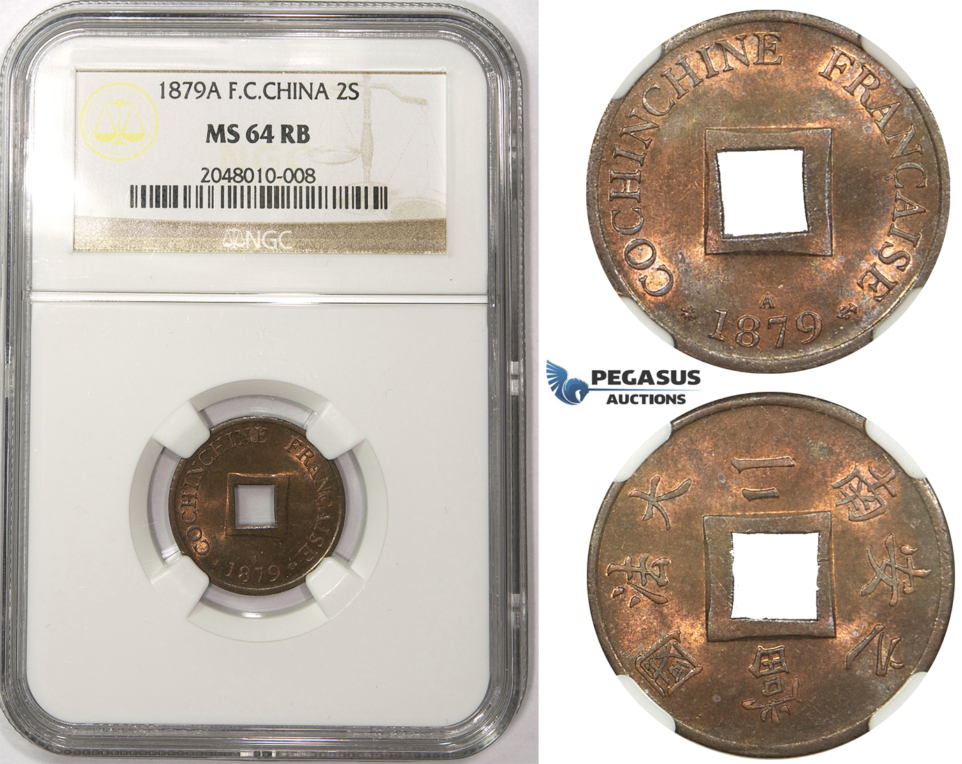 ZM48, French Cochine China, 2 Sapeque 1879-A, Paris, NGC MS64RB