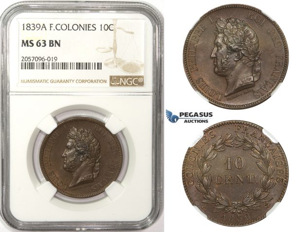 ZM50, French Colonies, Louis Philippe I, 10 Centimes 1839-A, Paris, NGC MS63BN (Prooflike fields)