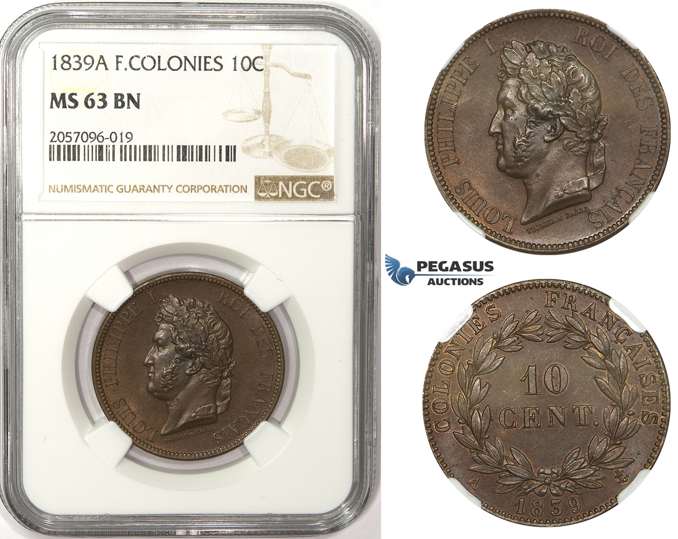 ZM50, French Colonies, Louis Philippe I, 10 Centimes 1839-A, Paris, NGC MS63BN (Prooflike fields)