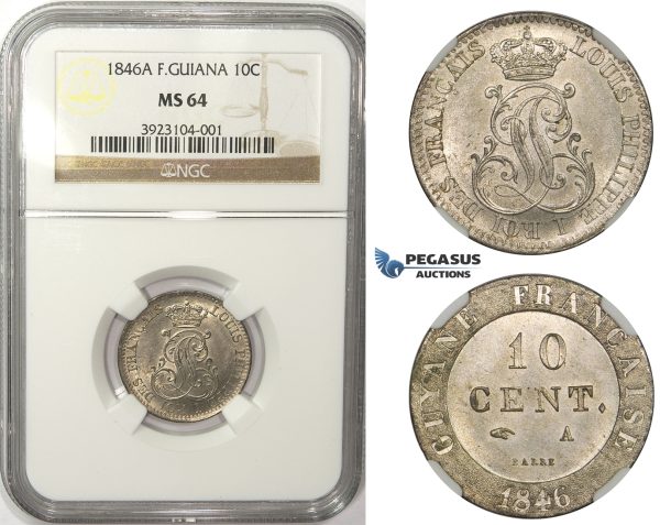 ZM51, French Guiana, Louis Philippe I, 10 Centimes 1846-A, Paris, Silver, NGC MS64