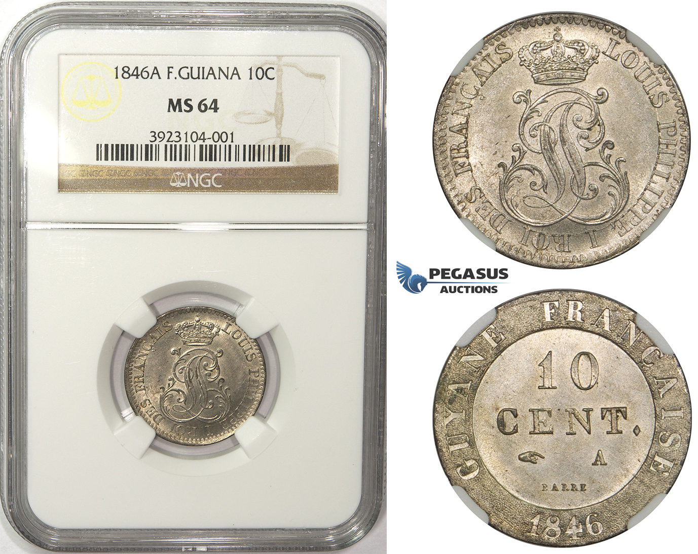 ZM51, French Guiana, Louis Philippe I, 10 Centimes 1846-A, Paris, Silver, NGC MS64