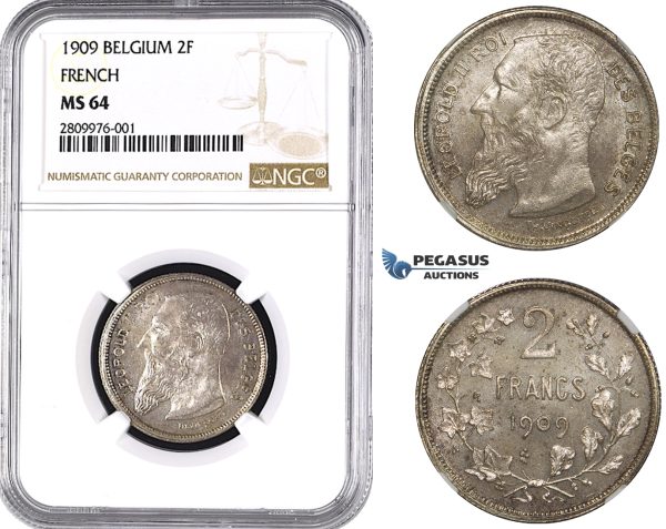 ZM557, Belgium, Leopold II, 2 Francs 1909 (French Legend) Silver, NGC MS64
