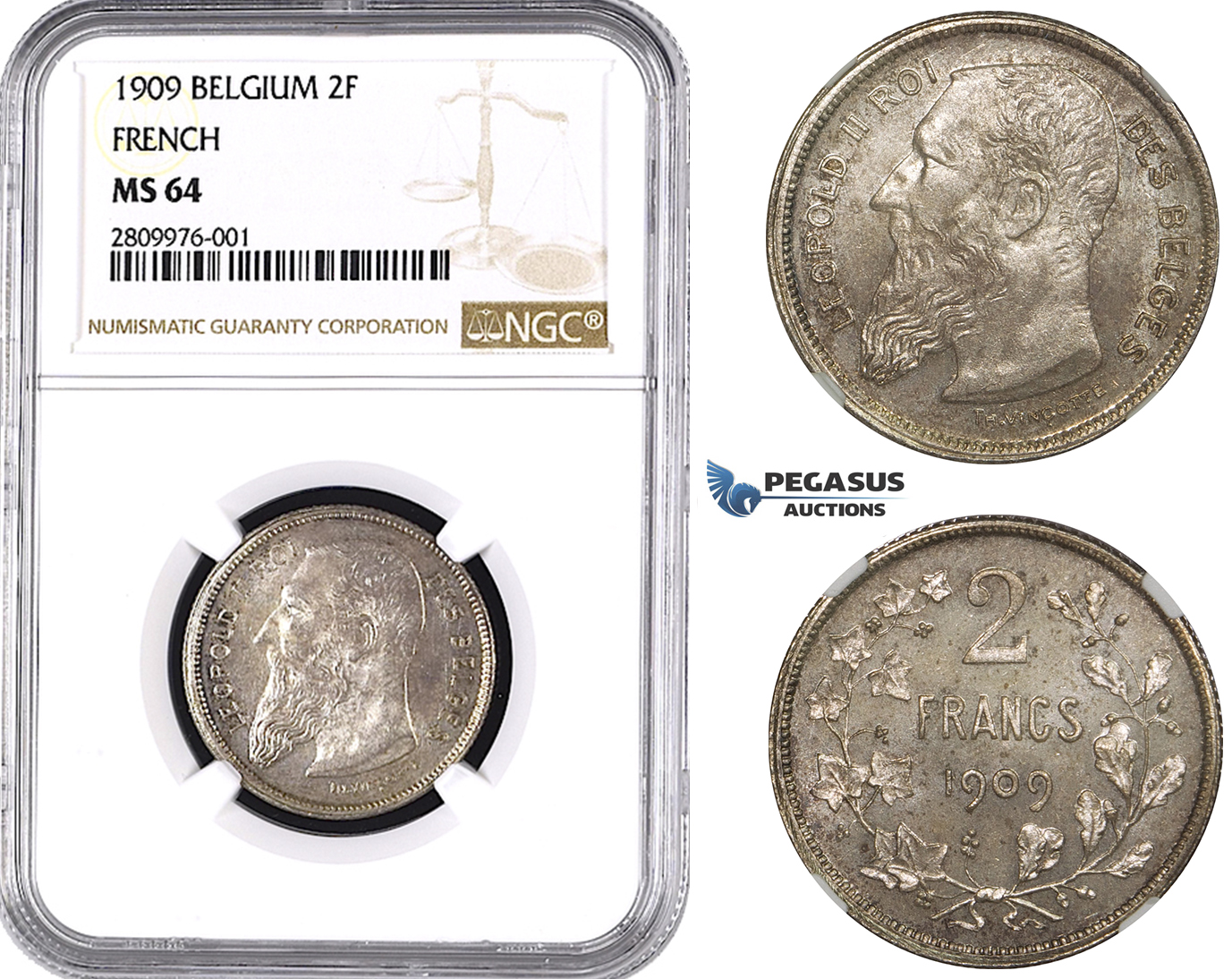 ZM557, Belgium, Leopold II, 2 Francs 1909 (French Legend) Silver, NGC MS64
