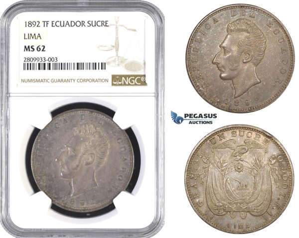 ZM566, Ecuador, 1 Sucre 1892 TF, Lima, Silver, NGC MS62, Pop 1/0, Very Rare