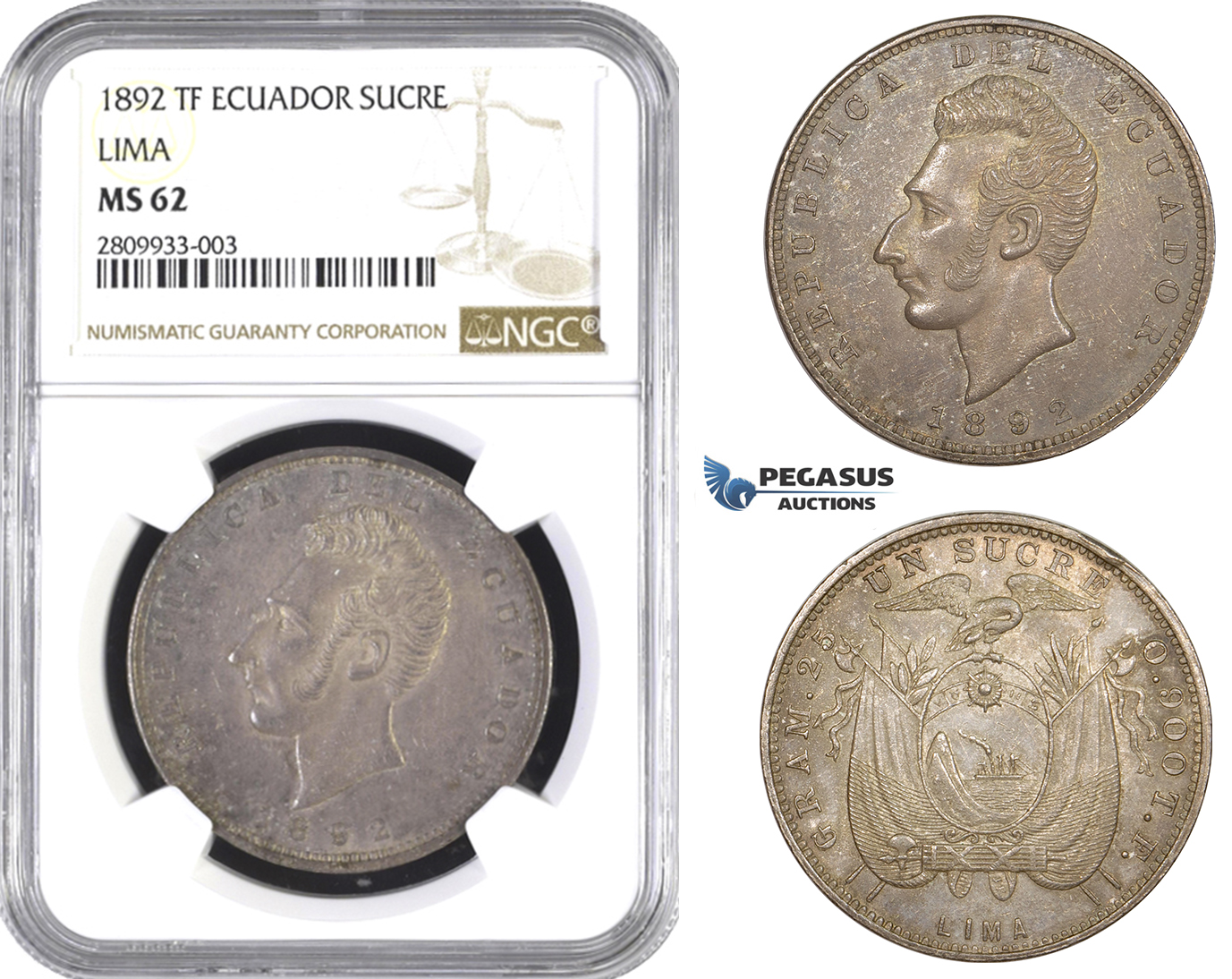 ZM566, Ecuador, 1 Sucre 1892 TF, Lima, Silver, NGC MS62, Pop 1/0, Very Rare