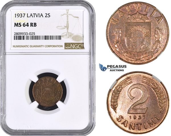 ZM589, Latvia, 2 Santimi 1937, NGC MS64RB