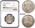 ZM590, Latvia, 2 Lati 1925, Silver, NGC MS64