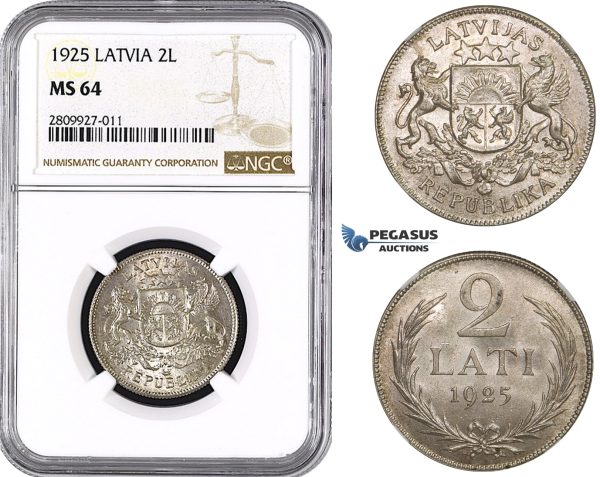 ZM590, Latvia, 2 Lati 1925, Silver, NGC MS64