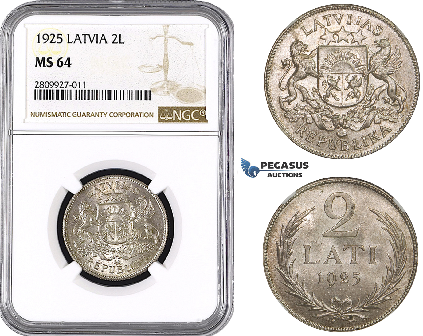 ZM590, Latvia, 2 Lati 1925, Silver, NGC MS64