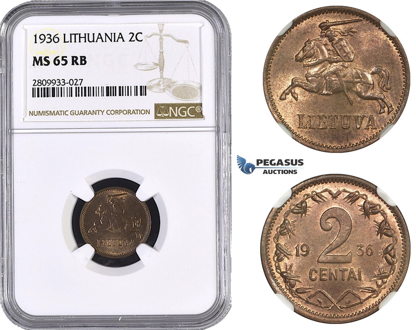 ZM592, Lithuania, 2 Centai 1936, NGC MS65RB
