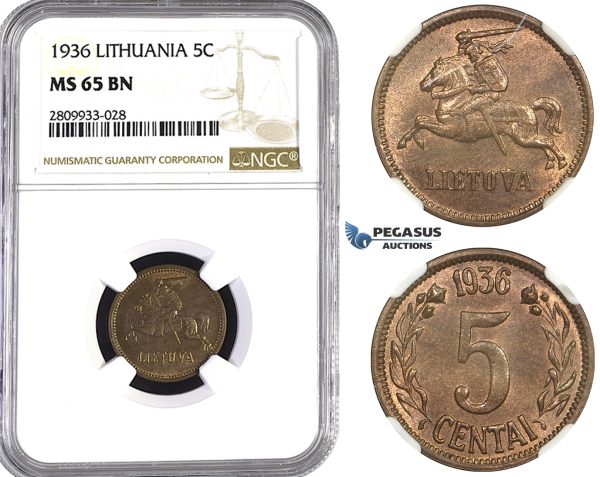 ZM593, Lithuania, 5 Centai 1936, NGC MS65BN