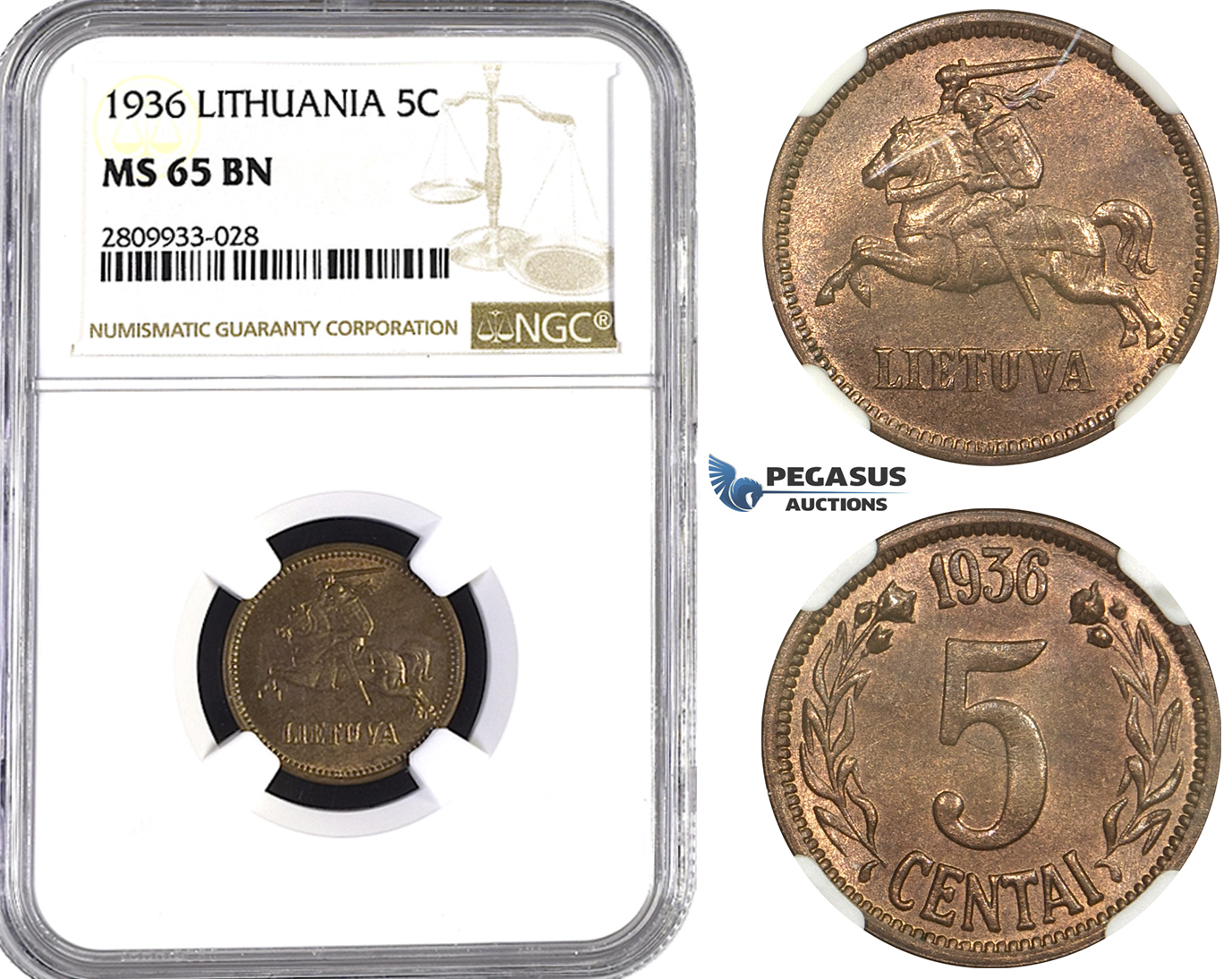 ZM593, Lithuania, 5 Centai 1936, NGC MS65BN