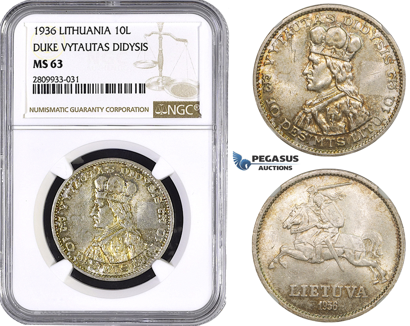 ZM596, Lithuania, 10 Litu 1936, Silver, NGC MS63
