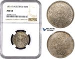 ZM604, Palestine, 50 Mils 1931, London, Silver, NGC MS63, Extremely Rare!