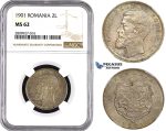 ZM608, Romania, Carol I, 2 Lei 1901, Hamburg, Silver, NGC MS62, Pop 2/0, Extremely Rare!