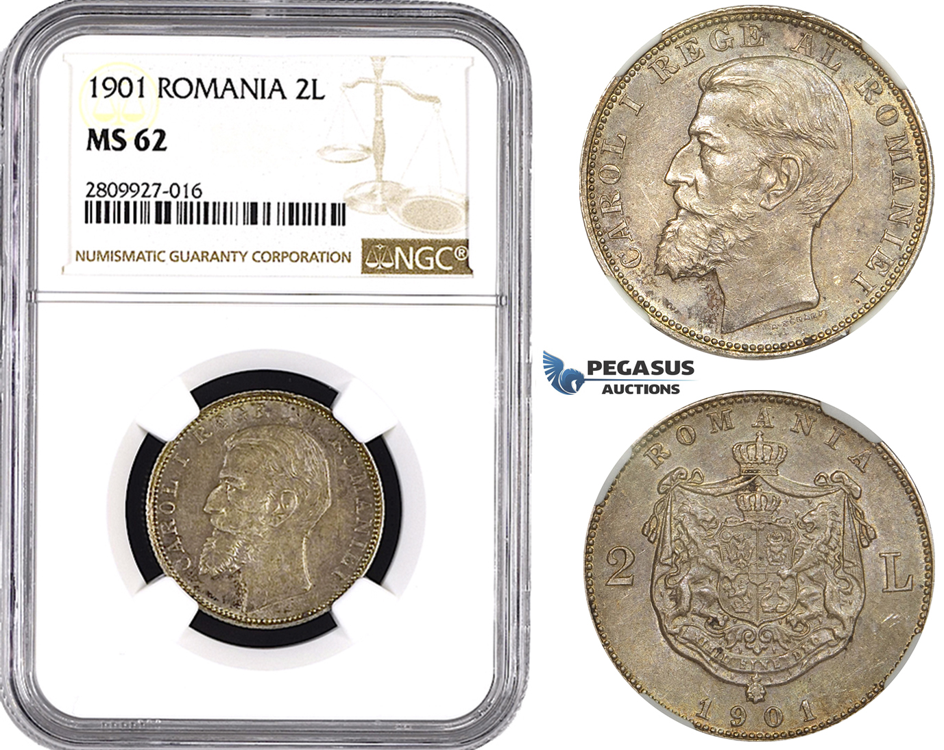 ZM608, Romania, Carol I, 2 Lei 1901, Hamburg, Silver, NGC MS62, Pop 2/0, Extremely Rare!