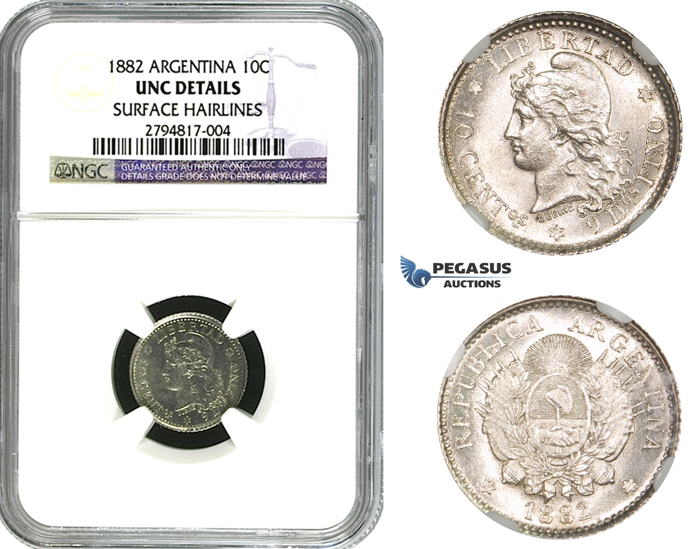 ZM621, Argentina, 10 Centavos 1882, Silver, NGC UNC Det.