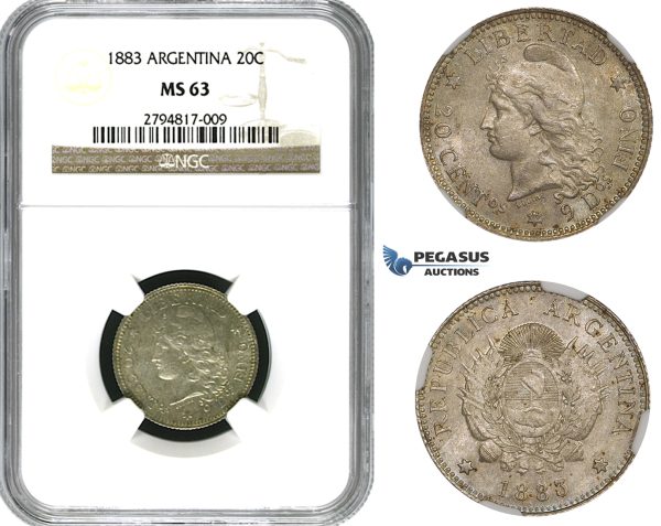 ZM622, Argentina, 20 Centavos 1883, Silver, NGC MS63
