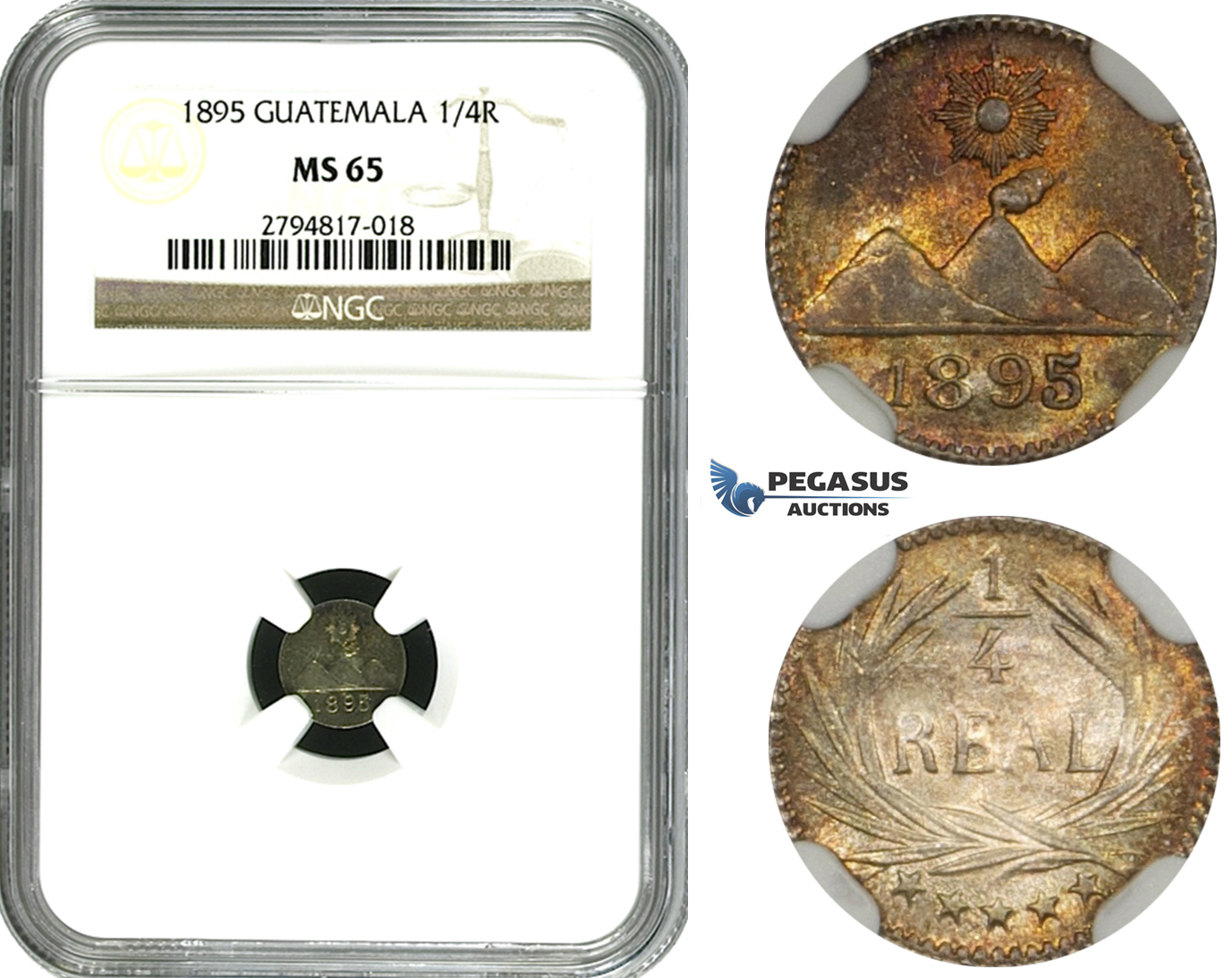 ZM636, Guatemala, 1/4 Real 1895, Silver, NGC MS65
