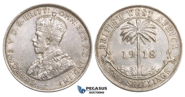 ZM729, British West Africa, George V, 2 Shillings 1918, London, Silver, Lustrous AU-UNC