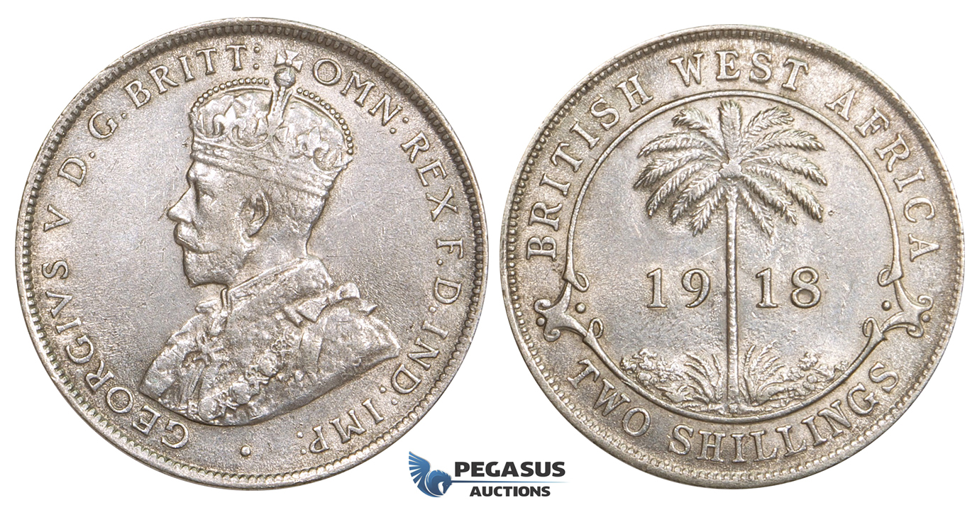 ZM729, British West Africa, George V, 2 Shillings 1918, London, Silver, Lustrous AU-UNC
