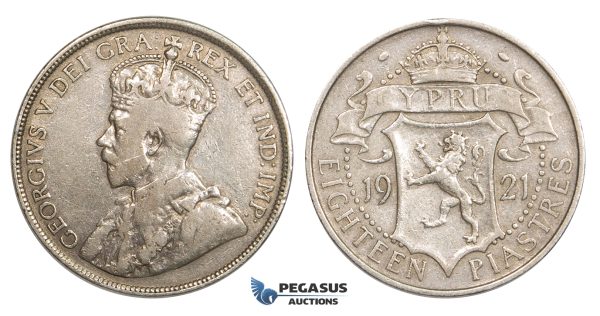 ZM737, Cyprus, George V, 18 Piastres 1921, Silver, aVF